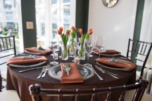 Weddings at Tarrywile Shades of brown with spring tulips table setting