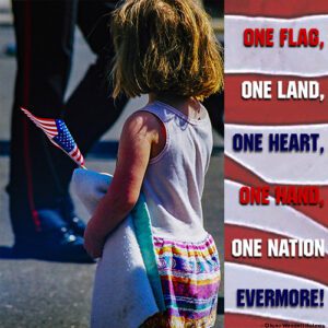 One Nation, Evermore! little girl watching parade holding flag and blanket